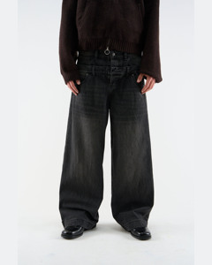 Pantalones Vaqueros Anchos de Mezclilla Azul Oscuro para Hombre, Cintura Alta, Corte Holgado, Cierre de Botones, 100% Algodón, Estilo Vintage Desgastado, Casual, Otoñal - Product Image 1