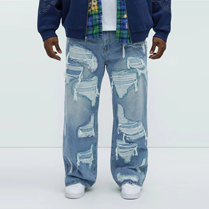 Jeans en denim déchiré pour homme, coupe slim, style vintage délavé, pantalon streetwear, jambe droite, prix d'usine en gros - Product Image 5