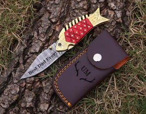 Cuchillo plegable de acero de Damasco 58HRC con hoja recta y punta caída, mango de madera y hueso, calidad industrial, cuchillo de camping, regalo para el compañero/a de vida. - Product Image 3