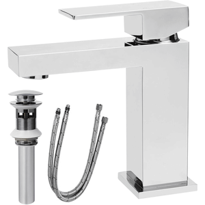 Rubinetto da bagno moderno cromato lucidato a foro singolo in ottone massiccio, rubinetto per lavabo quadrato, pesante per scarico a scomparsa - Product Image 1