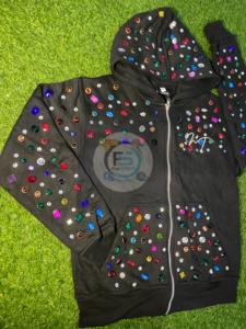 Sweat à capuche d'hiver de luxe avec fermeture éclair et strass |   Sweat à capuche surdimensionné personnalisé avec cristaux, style streetwear, pour hommes et femmes, logo personnalisé OEM - Product Image 5