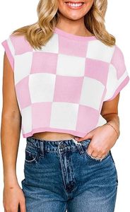 Women's Casual Breathable Plaid Jacquard Sleeveless Short Crop Tops Summer Thin Color <b>Block</b> Knit Shirt Nylon/<b>Acrylic</b> O-Neck - Product Image 3