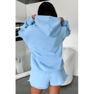 Fall 2026 Women's Custom Logo Solid Breathable Eco-Friendly Elastic Waist Yoga Sweat Suit <b>Two</b> <b>Piece</b> Sportswear Hoodie Shorts <b>Set</b> - Product Image 6
