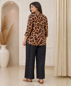 Conjunto de Top y Pantalones Palazzo de Rayón y Algodón con Estampado Digital, de Secado Rápido, para Trabajo, Ropa Casual, Precio al por Mayor, Prenda Étnica, Marrón y Negro, para Mujer - Product Image 6