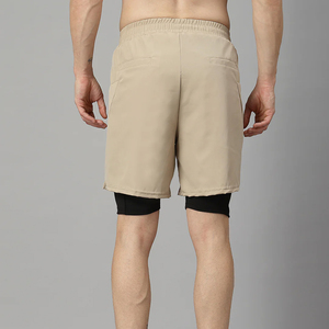 <b>Men</b> Beige Khaki <b>Black</b> 2 in 1 Double Layer Gym <b>Shorts</b> Compression Inner Lining Side Pockets Elastic Waistband High Quality Custom - Product Image 4