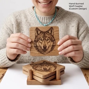 Posavasos Cuadrado de Madera Quemada a Mano con Diseño Personalizado de Lobo, Tapetes y Almohadillas Hechos a Mano - Product Image 1