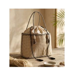 Sac fourre-tout en toile de coton tissé à la main, léger, imperméable, pour femmes, sac à main à bandoulière, poignées en cuir véritable, rayé, pour le shopping - Product Image 3