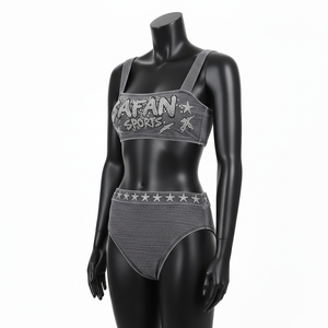 ชุดบิกินี่โพลีคุณภาพสูง สีเทาชาร์โคล ผ้าเนื้อยืดหยุ่น แผงข้างลายคริสตัลเปลวไฟ พร้อมโลโก้แบบรีดร้อน สำหรับผู้หญิง - Product Image 5