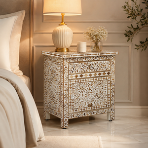Flower Design Bone Inlay Nightstand <b>Side</b> Table Handmade <b>Drawer</b> Chest Modern Bedroom Furniture - Product Image 2