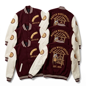 Blouson universitaire en laine marine avec broderie Village Chronometer et manches en cuir marron, style bomber, vente en gros - Product Image 2