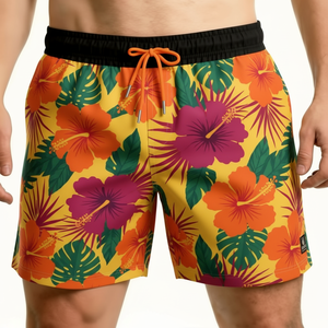 Traje de Baño para Hombre, Estampado Floral Amarillo, Secado Rápido, Cintura Media, Cordón Ajustable, Shorts Casuales, 100% Poliéster - Product Image 1