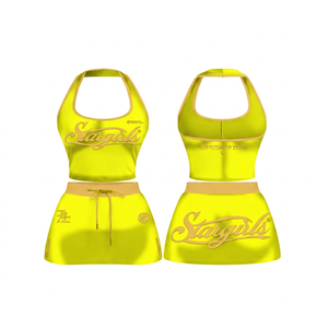 <b>Women's</b> <b>Black</b> Gold Halter Neck Sleeveless Cami Set Stretch Activewear Sexy Club Wear Above Knee Skirt - Product Image 2