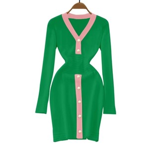 Customized High Quality Women's V-Neck Button All Seasons Casual Sorority Sweater Dress New Youth College Knee-Length Knitted - Product Image 1