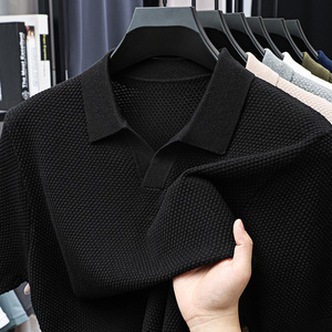 Men's Summer Breathable 100% Cotton <b>Waffle</b> Knitwear Vintage Johnny Collar Short Sleeve Color <b>Blocked</b> for Shirt Slim Fit - Product Image 2