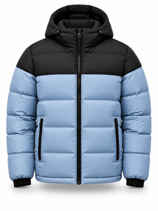 Men's Black And Light Blue Hooded Puffer <b>Jacket</b> Winter <b>Casual</b> Zipper Front Polyester Wadding Windproof Regular Fit - Product Image 1