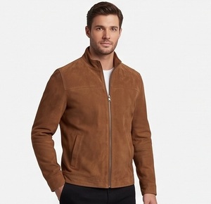 Chaqueta de Gamuza para Hombre, a la Moda, de Lujo, Color Marrón Castaño, Estilo Motero, Venta al Por Mayor | Corte Ajustado Personalizado con Cuello Alto, Minimalista y Ecológico - Product Image 5