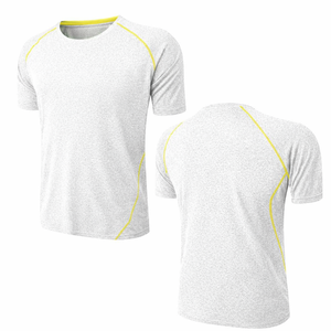 Custom knitted <b>white</b> yellow trim Cotton men <b>TShirts</b> Short Sleeve Breathable quickdry gym workout athletic fit summer wear <b>tshirt</b> - Product Image 1