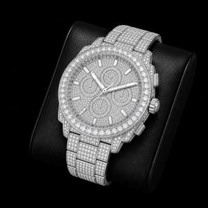 Reloj cronógrafo plateado con incrustaciones de piedras, reloj de pulsera de lujo para hombre con esfera redonda y correa de brazalete. - Product Image 3