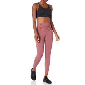 High Waist Ruched Yoga <b>Leggings</b> Full Length Solid Pink Spandex Nylon Tummy Control Shapewear Seamless Elastic Waist Pants - Product Image 3