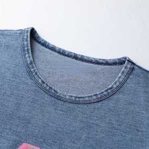 Chemise en denim chenille AKA pour femme, broderie de lettres grecques, col rond, haut décontracté de haute qualité - Product Image 4