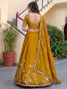 Yellow Velvet Embroidered <b>Lehenga</b> Choli With Floral Print A-Line Floor-Length Bridesmaid Dress Scoop Neck Three Quarter Sleeve - Product Image 5