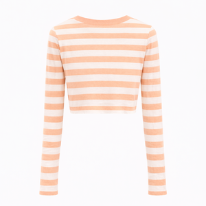 Camiseta corta a rayas blancas y melocotón para mujer, moderna y personalizada, de manga larga, ligera, de algodón, para verano, a la moda, al por mayor. - Product Image 2