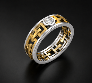 Bague en or et diamants pour homme sur mesure, bicolore |    Bague solitaire sertie de pierres |   Fabricant et exportateur de bijoux fins - Product Image 1