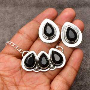 Ensemble de bijoux de luxe en argent sterling 925, boucles d'oreilles et collier en onyx noir naturel taille goutte d'eau, pour femmes, bijoux de mariage - Product Image 3