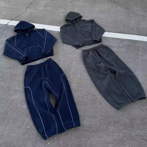 High Quality Contrast Color Stitch Unisex Tracksuit <b>String</b> Sweatpants and Zip up <b>Hoodie</b> Set Blank Cotton Customized Sweatsuit - Product Image 2