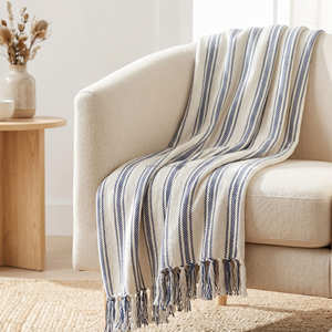Plaid décoratif en coton rayé à franges 130x170 cm, vente en gros, pour canapé, toutes saisons, décoration intérieure, en vrac - Product Image 2