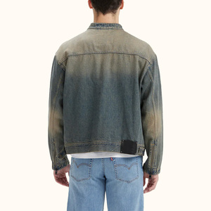 Oversized Fit Boxy Style <b>Jacket</b> New Stand Collar Distressed Wash Outerwear <b>Zip</b> <b>up</b> Denim <b>Jacket</b> for Men - Product Image 1