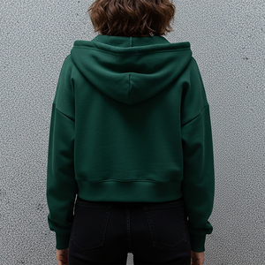 Best Quality Women's Green Hooded Zip-Up Sweatshirt Short Length Solid Color Cotton Knitted Breathable Autumn Wear and sale - Product Image 2