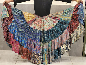 Falda de seda estilo sari para mujer, amplia, acampanada, bohemia, con patchwork, hasta el tobillo, transpirable, con grandes capas redondas, para danza del vientre - Product Image 6