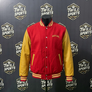 Veste universitaire Maryland pour homme, rouge et or, manches brodées, en laine/nylon, un seul bouton, couleurs personnalisées, style Letterman Bomber - Product Image 2