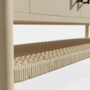 Buffet en bois tressé naturel à 4 portes avec étagère en rotin, meuble de rangement moderne en bois et tissu tressé, pieds ronds - Product Image 4