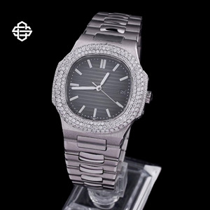 Montre de luxe pour homme en acier inoxydable, cadran carré, quartz, lunette sertie de moissanite, résistance à l'eau 10 bars, verre minéral - Product Image 2