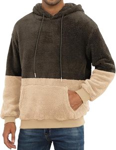 Sudadera con capucha de forro polar para hombre, en bloques de color negro y beige, corte regular, informal, para invierno, con bolsillo frontal. - Product Image 5