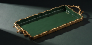 Plateau en aluminium émaillé vert moderne avec bord ondulé festonné et poignées en forme de branche dorée, plateau de service décoratif pour table basse - Product Image 4
