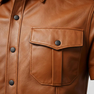 Men's PU Leather Front Logo Button Shirt Premium Short Sleeve Casual <b>Western</b> Biker Breathable Quick Dry Winter Shirt <b>Jacket</b> - Product Image 6