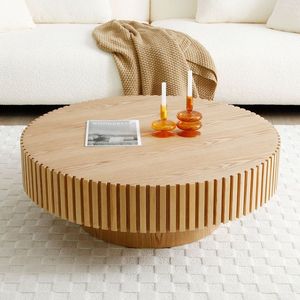 Table basse ronde en bois convertible moderne, design cannelé, meubles de salon faits à la main - Product Image 4