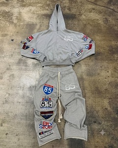 Custom Men's Winter Streetwear Acid Washed Pullover <b>Hoodie</b> Flared Sweatpants Set 100% Cotton Breathable Quick-Dry Eco-Friendly - Product Image 4