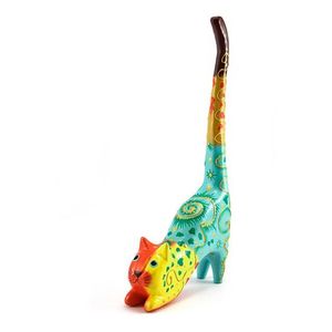 Statue de chat sauteur en bois d'albizia faite à la main, figurine d'animal à longue queue, artisanat en bois peint à la main multicolore, décoration pour la maison et le bureau - Product Image 1