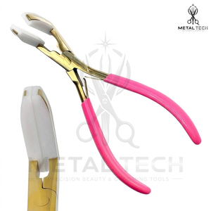 Pince à extensions capillaires en titane doré, corps en acier inoxydable, mâchoires en silicone blanc, poignées roses, pince de pose d'extensions adhésives - Product Image 2