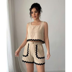 Women’s Textured Sleeveless <b>Tie</b>-<b>Back</b> Crop Top & High-Waist Shorts Co-Ord Set - Product Image 2