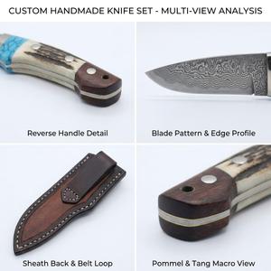 Cuchillo utilitario de hoja fija para exteriores de acero de Damasco forjado a mano personalizado, mango de cuerno de ciervo y turquesa, funda de cuero estampado, OEM DIY - Product Image 3