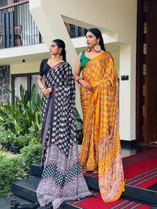 Jaipuri Printed Soft <b>Satin</b> Crep Floral Wrap Dress Party Indian Pakistani Clothing <b>Saree</b> With Mirror Work And Latkan - Product Image 1