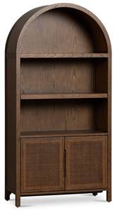 <b>Solid</b> Teak <b>Wood</b> <b>Bookcase</b> Arched Dome Bookshelf with Woven Rattan Lower Storage Cabinet - Product Image 2