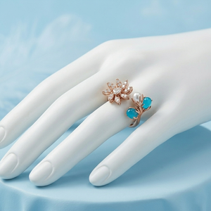 New Arrival Trendy Rose Gold Plated Pearl Diamond <b>Ring</b> Rose Gold <b>Open</b> Cuff <b>Ring</b> Floral CZ with Blue Gemstone and Pearl - Product Image 1