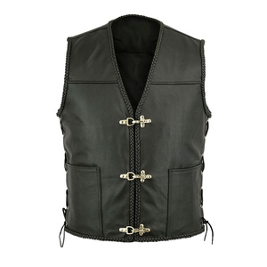 Gilet en jean pour homme en cuir véritable, col en V, style formel, bordure tressée écologique, taille ajustable, coupe classique, vêtement d'extérieur pour l'automne - Product Image 3