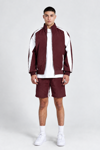 Wholesale Men's <b>Burgundy</b> Windbreaker Jacket And <b>Shorts</b> Set Custom Sportswear Tracksuit With White Panel Casual Lightweight Set - Product Image 6